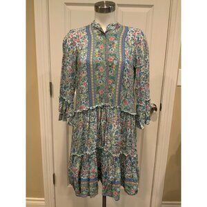 SEA LUSTRE Blue & Multicolor Floral Ruffled 3/4 Sleeve Dress, Size S/M